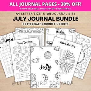 Juli Journal Bundle - Vattenmelon - Utskrivbara Journalsidor - Svartvitt - Juli Planner - Juli Agenda - Utskrivbar Planner