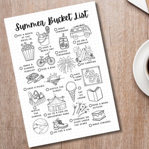 May include: A printable summer bucket list with illustrations of activities like watching a movie at the drive-in, making lemonade, going camping, and having a game night.
