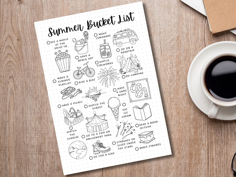 May include: A printable summer bucket list with illustrations of activities like watching a movie at the drive-in, making lemonade, going camping, and having a game night.