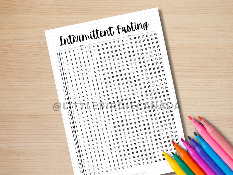 May include: A printable intermittent fasting tracker with a grid of numbers from 1 to 31 and 1 to 24. The tracker is designed to help people track their fasting times.