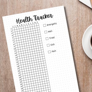 May include: A black and white printable health tracker with a grid for each day of the month and a checklist of how you feel: energetic, well, tired, sick, and pain.