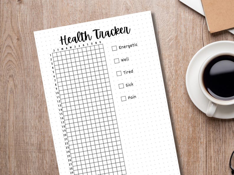 May include: A black and white printable health tracker with a grid for each day of the month and a checklist of how you feel: energetic, well, tired, sick, and pain.