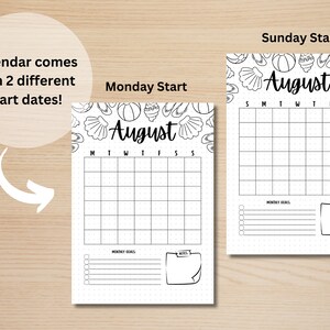 May include: Two printable August calendar pages with a beach theme. The calendar pages feature seashells, flip flops, and a beach ball. One calendar starts on Sunday and the other starts on Monday.