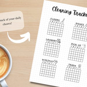 May include: A printable cleaning tracker checklist with a black and white design. The checklist includes sections for floors, dishes, laundry, pick up, wipe/dust, and trash. Each section has a small icon representing the task and a grid for checking off days of the week.