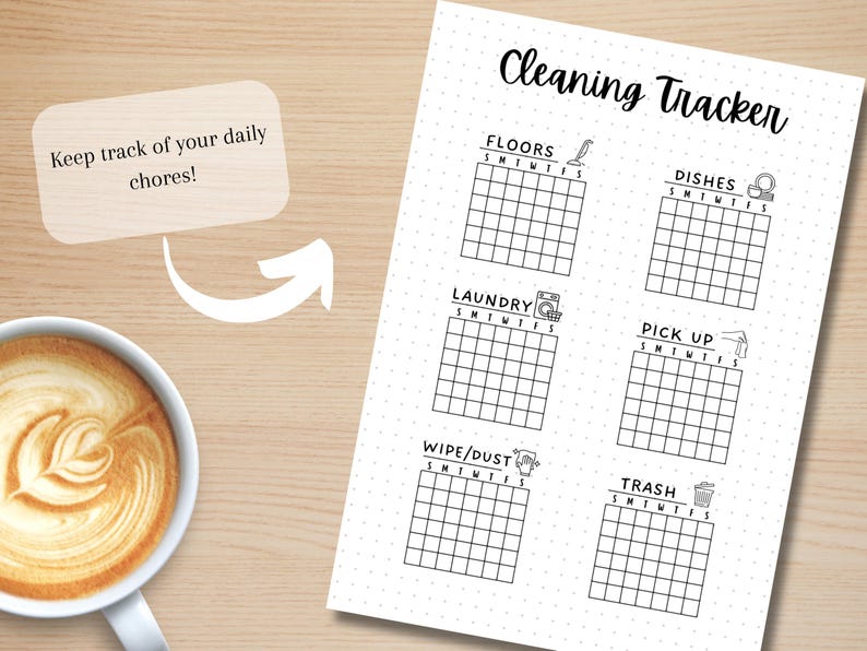 May include: A printable cleaning tracker checklist with a black and white design. The checklist includes sections for floors, dishes, laundry, pick up, wipe/dust, and trash. Each section has a small icon representing the task and a grid for checking off days of the week.