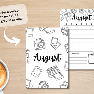 May include: Black and white printable August calendar featuring a repeating pattern of vintage cameras and film. The calendar includes a section for monthly goals and notes.