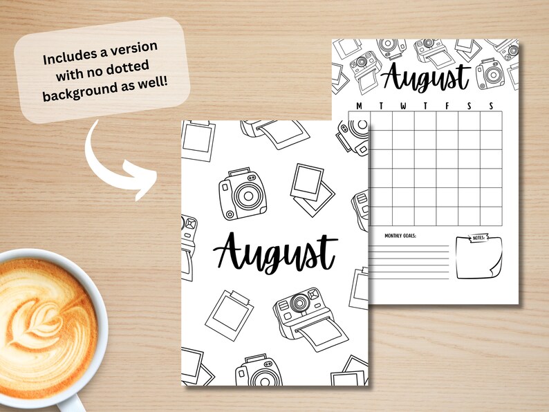 May include: Black and white printable August calendar featuring a repeating pattern of vintage cameras and film. The calendar includes a section for monthly goals and notes.