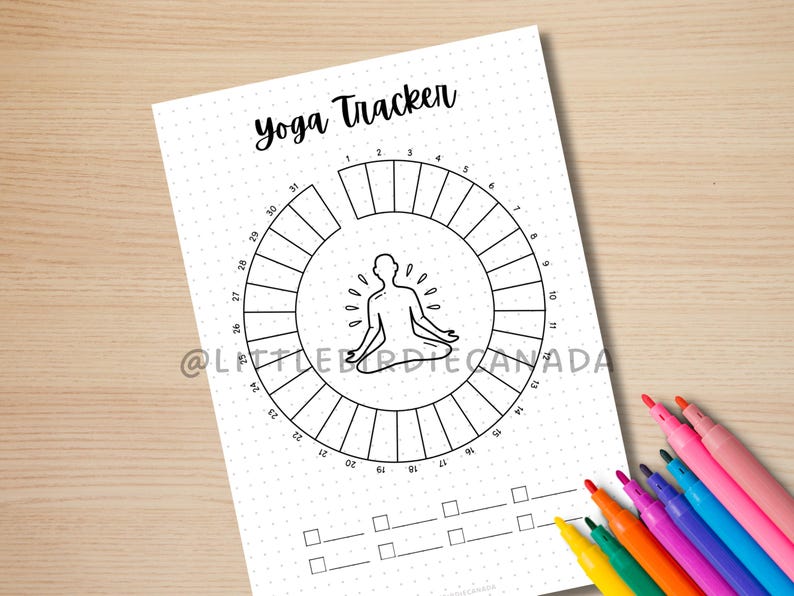 May include: A black and white printable yoga tracker with a circle divided into 31 sections. The center of the circle features a line drawing of a person in a yoga pose. The text "Yoga Tracker" is at the top of the page.