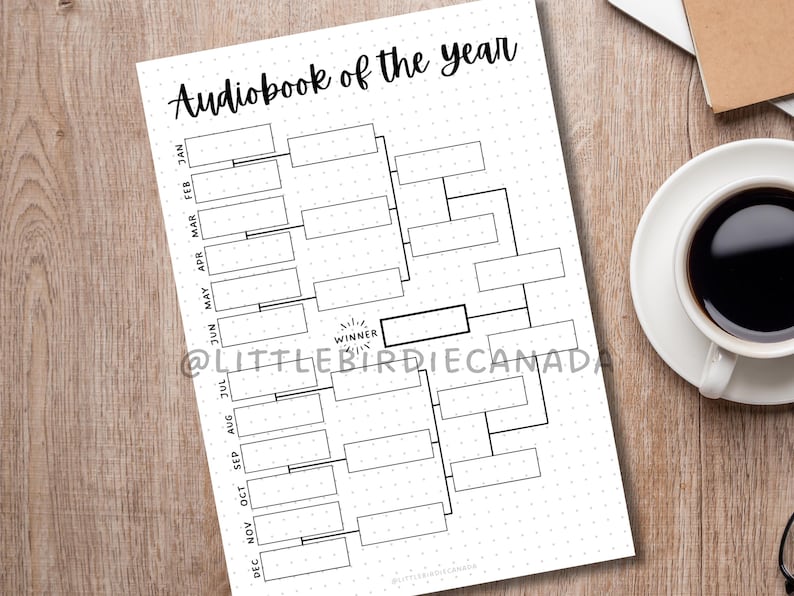May include: A white paper with a black bracket-style chart labeled "Audiobook of the year." The chart includes boxes for each month and a "Winner" section. The paper is on a wooden surface with a coffee cup.