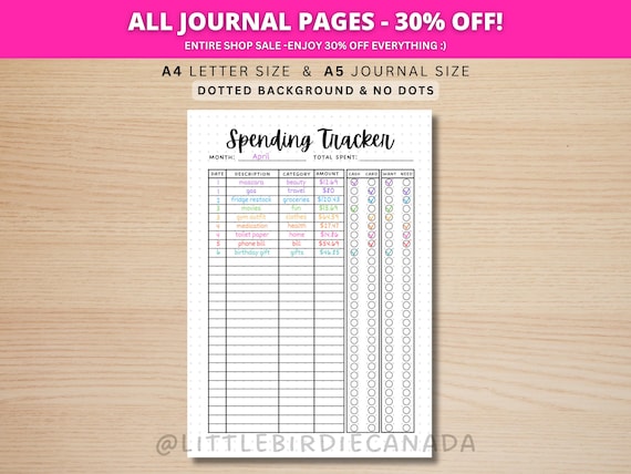 Spending Tracker - PRINTABLE Journal Page - Planner Page - Spending Log - Finance Tracker - Expense Tracker - Money Tracker - Money Spending