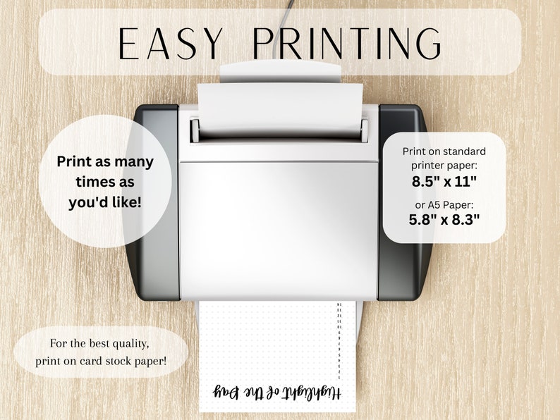 Puede incluir: Una impresora blanca con una hoja de papel saliendo de ella. El papel tiene un patr&oacute;n de cuadr&iacute;cula. El texto en la imagen dice "EASY PRINTING", "&iexcl;Imprime tantas veces como quieras!" y "&iexcl;Para la mejor calidad, imprime en papel de cartulina!" El texto tambi&eacute;n dice "Imprime en papel de impresora est&aacute;ndar: 8,5" x 11" o papel A5: 5,8" x 8,3"