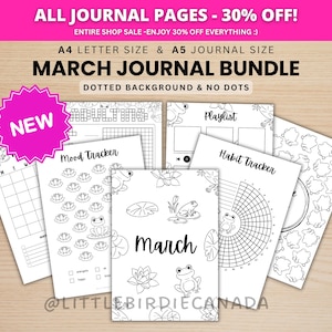 March Journal Bundle - Frogs - PRINTABLE Journal Pages - BLACK & WHITE - March Planner - March Agenda - Printable Planner