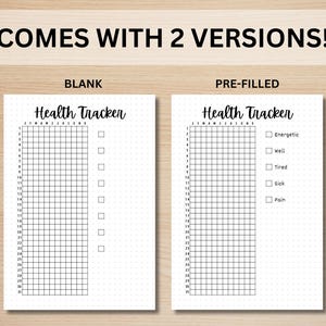 May include: Two versions of a printable health tracker. The first version is blank, while the second version is pre-filled with options for how you are feeling, such as energetic, well, tired, sick, and pain.