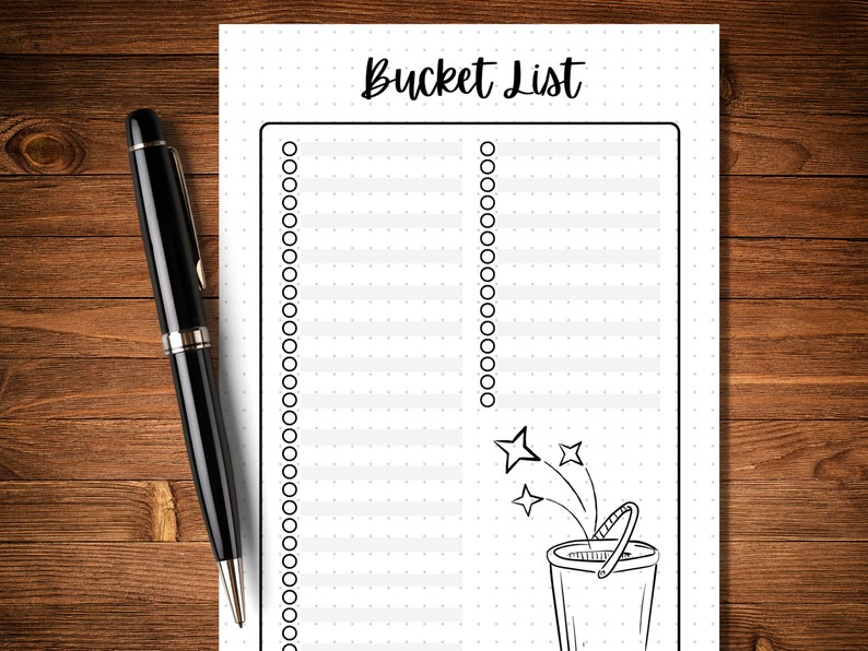 May include: A printable bucket list template with a black and white illustration of a bucket with stars coming out of it. The template has two columns with dotted lines for writing down your bucket list items.
