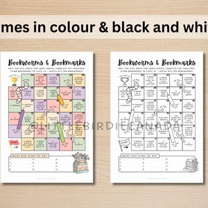 Op de afbeelding: Twee printbare spelborden getiteld Bookworms & Bookmarks, &eacute;&eacute;n in kleur en &eacute;&eacute;n in zwart-wit. Elk bord bevat een genummerd raster met leesuitdagingen, ge&iuml;llustreerde wormen, bladwijzers, een trofee en een startvlag. Onder het raster staat een sectie voor het noteren van gelezen boeken, met een illustratie van een stapel boeken.