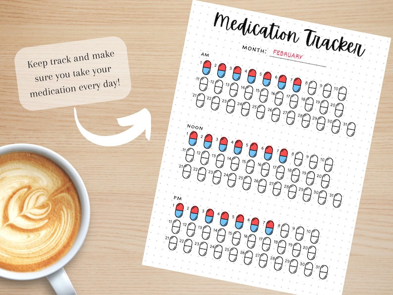 May include: A printable medication tracker with a calendar layout for the month of February. The tracker has a section for AM, NOON, and PM medication times. Each day has a row of pill icons to mark if medication was taken.