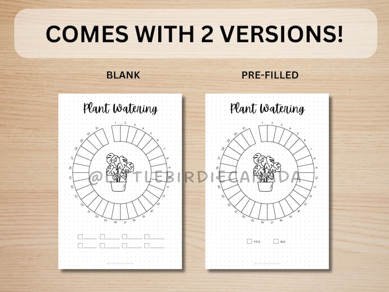 Puede incluir: Dos rastreadores de riego de plantas imprimibles, uno en blanco y otro pre-rellenado. Cada rastreador presenta un c&iacute;rculo con 30 secciones para marcar las fechas de riego, una ilustraci&oacute;n de planta y un espacio para notas. El texto "Plant Watering" est&aacute; en la parte superior de cada rastreador.