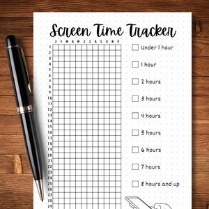 May include: A black and white printable screen time tracker with a grid for each month of the year and checkboxes for different screen time durations, including "Under 1 hour", "1 hour", "2 hours", "3 hours", "4 hours", "5 hours", "6 hours", "7 hours", and "8 hours and up".