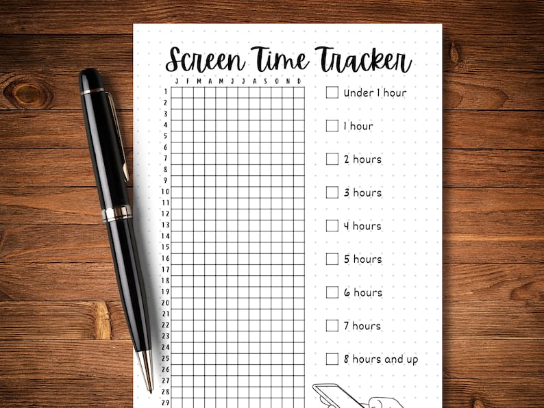 May include: A black and white printable screen time tracker with a grid for each month of the year and checkboxes for different screen time durations, including "Under 1 hour", "1 hour", "2 hours", "3 hours", "4 hours", "5 hours", "6 hours", "7 hours", and "8 hours and up".