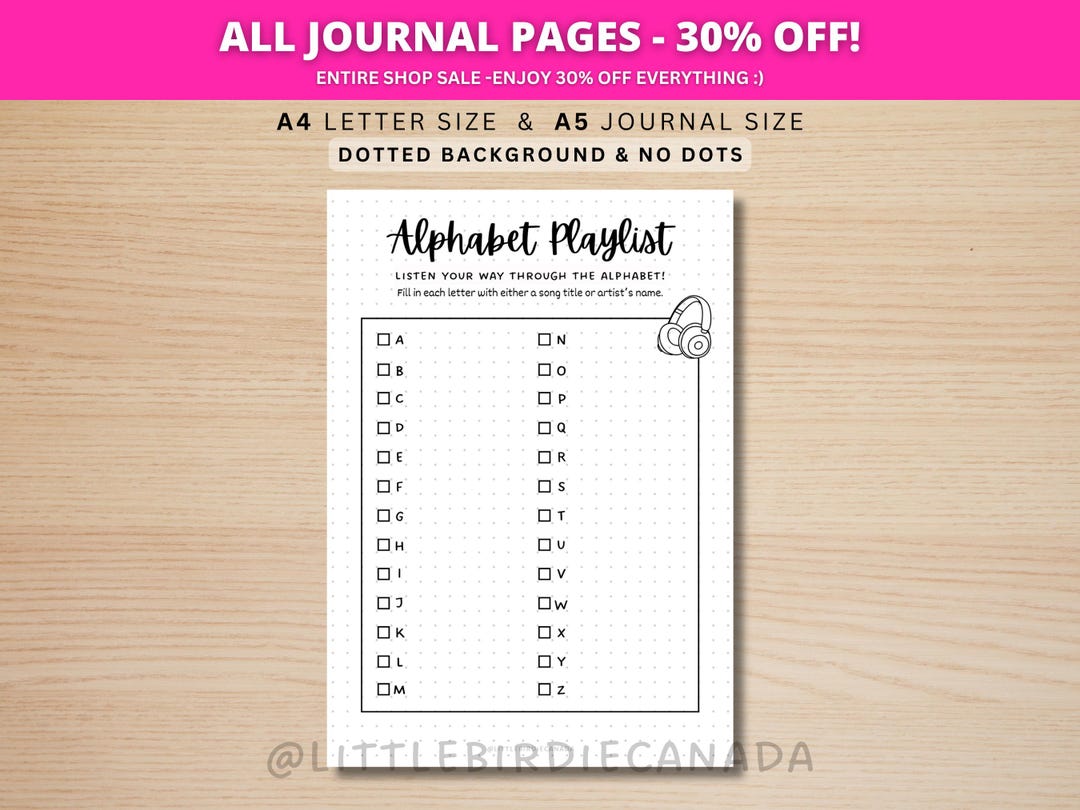 Alphabet Playlist Challenge - PRINTABLE Journal Page - Planner Page ...