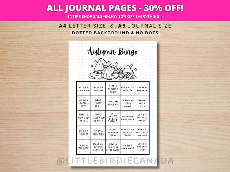 Juego de bingo de otoño - Página de diario IMPRIMIBLE - Juego de bingo de otoño - Actividades de otoño - Lista de deseos de otoño - Lista de tareas de otoño imagen 1