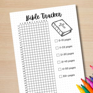 May include: A printable Bible tracker with a grid for each month of the year and a checklist for tracking the number of pages read. The checklist includes options for 0-10 pages, 11-20 pages, 21-30 pages, 31-40 pages, 41-50 pages, and 50+ pages.