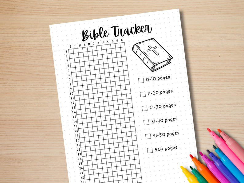 May include: A printable Bible tracker with a grid for each month of the year and a checklist for tracking the number of pages read. The checklist includes options for 0-10 pages, 11-20 pages, 21-30 pages, 31-40 pages, 41-50 pages, and 50+ pages.