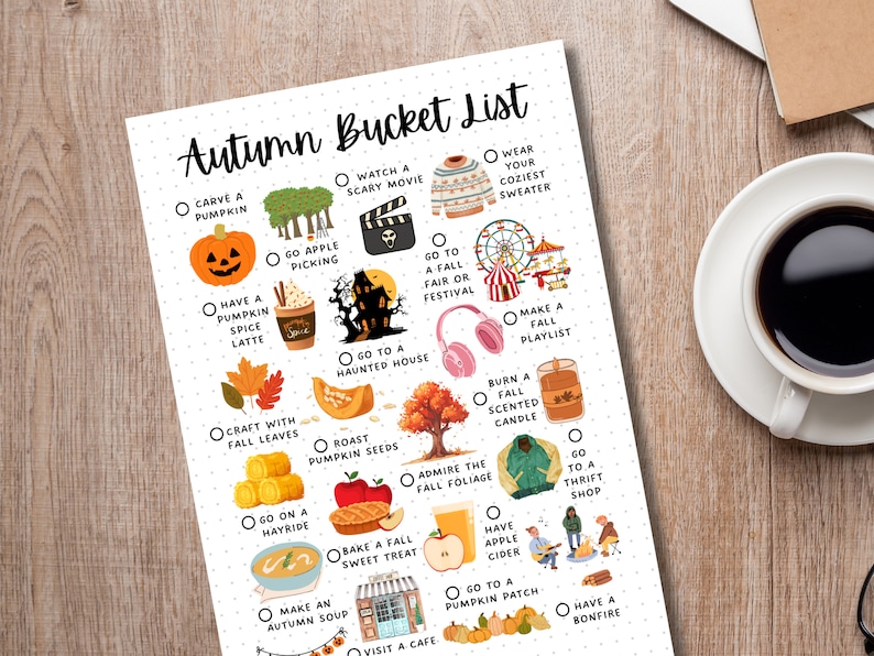 May include: A printable checklist with illustrations of autumn activities, such as carving a pumpkin, watching a scary movie, going apple picking, and having a bonfire.