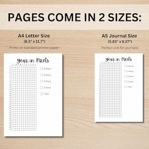 May include: Two printable year in pixels trackers, one in A4 letter size (8.3 inches by 11.7 inches) and one in A5 journal size (5.83 inches by 8.27 inches). Each tracker has a grid with 31 columns and 28 rows, with checkboxes for 1, 2, 3, 4, and 5 stars.