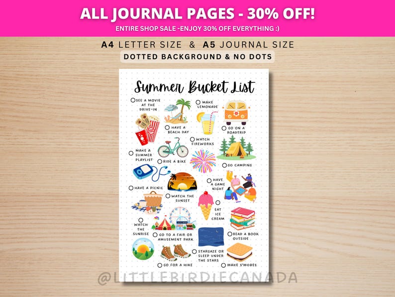 Summer Bucket List - Summer Activities - PRINTABLE Journal Page - Planner Page - Summer To Do List - Summer Activity List - Fun Summer List image 1