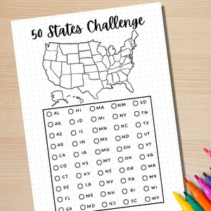 May include: A printable checklist for visiting all 50 states in the United States. The checklist includes a map of the United States and a list of all 50 states with checkboxes next to each state.