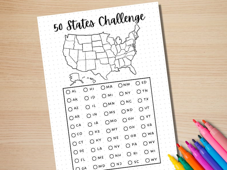 May include: A printable checklist for visiting all 50 states in the United States. The checklist includes a map of the United States and a list of all 50 states with checkboxes next to each state.