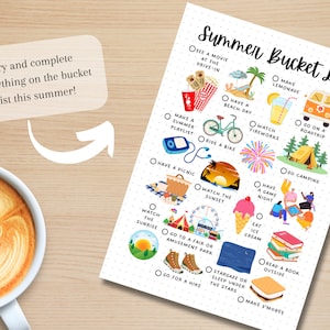 May include: A printable summer bucket list with illustrations. The list includes activities like watching a movie at the drive-in, having a beach day, riding a bike, watching fireworks, going on a road trip, camping, having a game night, eating ice cream, reading a book outside, stargazing, and making s'mores.