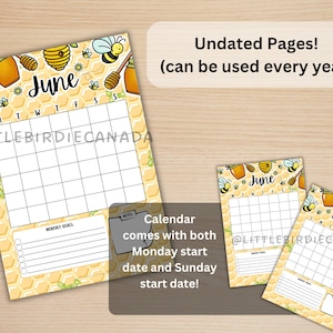 May include: A set of undated June calendars with a bee theme. The calendars feature a honeycomb pattern, honey pots, and bees. The text "June" is at the top, and the calendars include spaces for monthly goals.