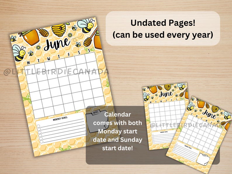 May include: A set of undated June calendars with a bee theme. The calendars feature a honeycomb pattern, honey pots, and bees. The text "June" is at the top, and the calendars include spaces for monthly goals.