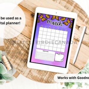 May include: A digital planner for the month of March with a purple and pink galaxy background and butterfly illustrations. The planner includes a calendar grid, a section for weekly goals, and a notes section. The text "March" is written in black at the top of the calendar.