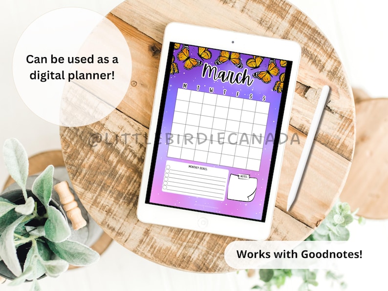 May include: A digital planner for the month of March with a purple and pink galaxy background and butterfly illustrations. The planner includes a calendar grid, a section for weekly goals, and a notes section. The text "March" is written in black at the top of the calendar.