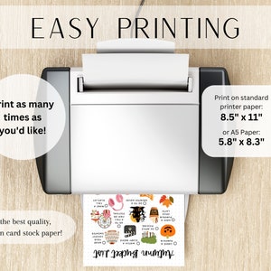 May include: A printable autumn bucket list with a black and white illustration of a pumpkin, a leaf, and a coffee cup. The text "Autumn Bucket List" is written in a handwritten font. The list includes items such as "apple picking", "pumpkin spice latte", and "watch a scary movie". The image shows a printer with a sheet of paper in the tray, suggesting that the list can be printed at home.