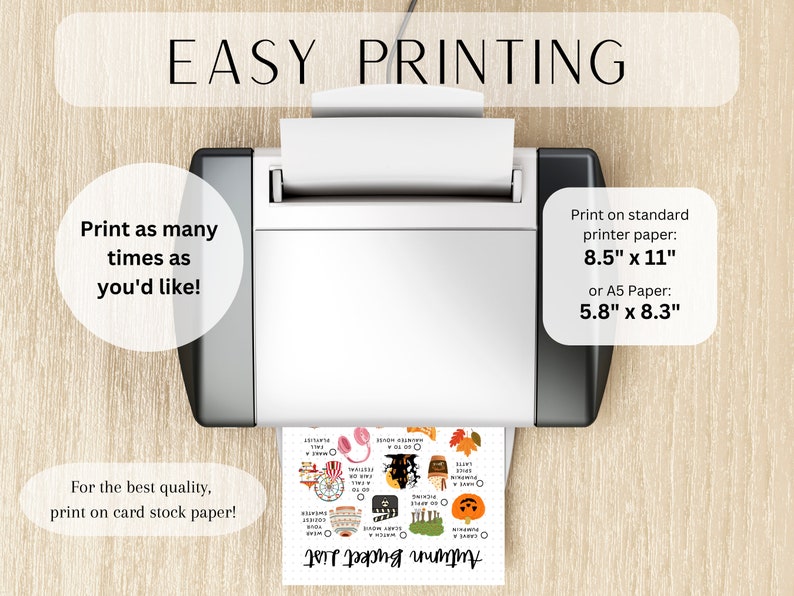 May include: A printable autumn bucket list with a black and white illustration of a pumpkin, a leaf, and a coffee cup. The text "Autumn Bucket List" is written in a handwritten font. The list includes items such as "apple picking", "pumpkin spice latte", and "watch a scary movie". The image shows a printer with a sheet of paper in the tray, suggesting that the list can be printed at home.