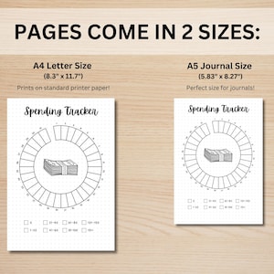 May include: Two printable spending tracker pages, one in letter size (8.3 inches by 11.7 inches) and one in journal size (5.83 inches by 8.27 inches). Each page features a circle divided into sections with numbers 1 through 30, a stack of cash in the centre, and a check list for spending amounts.