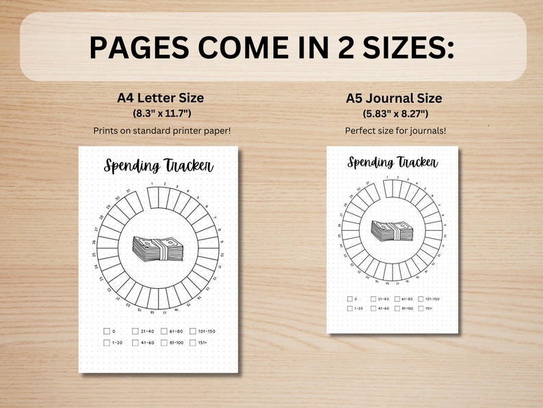 May include: Two printable spending tracker pages, one in letter size (8.3 inches by 11.7 inches) and one in journal size (5.83 inches by 8.27 inches). Each page features a circle divided into sections with numbers 1 through 30, a stack of cash in the centre, and a check list for spending amounts.
