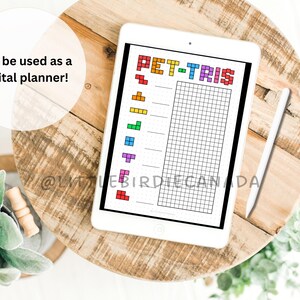 May include: A digital planner with a grid and colorful Tetris-like blocks. The title of the planner is "PET-TRIS".