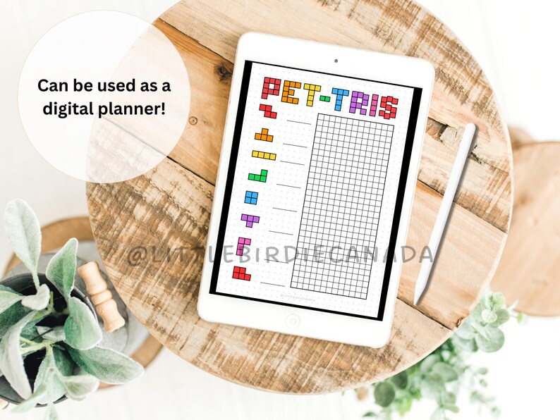 May include: A digital planner with a grid and colorful Tetris-like blocks. The title of the planner is "PET-TRIS".