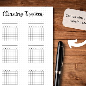 May include: Printable cleaning tracker with a grid for each day of the week. The tracker has the days of the week labeled S, M, T, W, T, F, S. The text "Cleaning Tracker" is at the top of the page.
