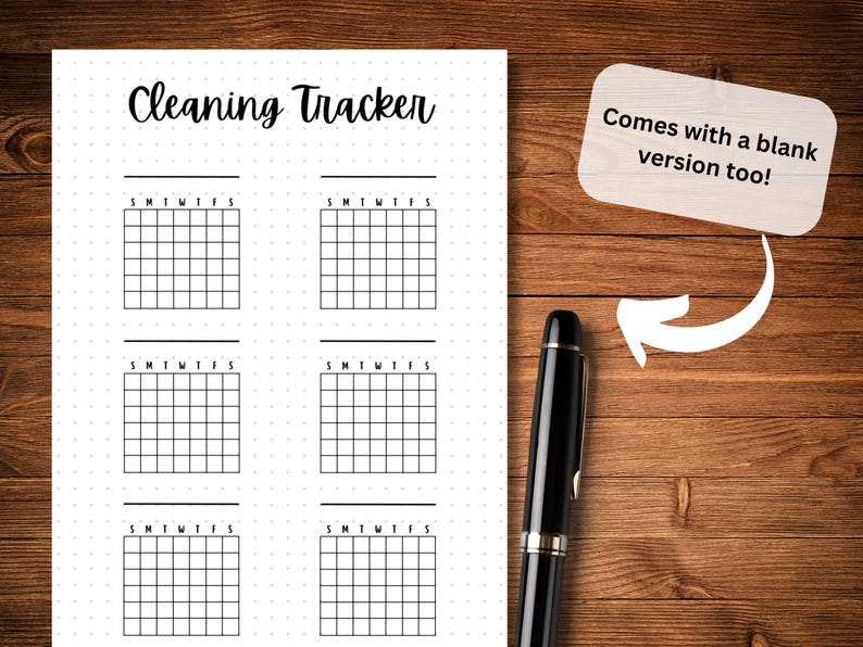 May include: Printable cleaning tracker with a grid for each day of the week. The tracker has the days of the week labeled S, M, T, W, T, F, S. The text "Cleaning Tracker" is at the top of the page.