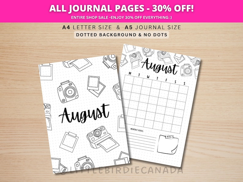 August Title Page - Polaroid - August Calendar - PRINTABLE Calendar - Journal Title Page and Calendar Set - Journal Cover Page image 1