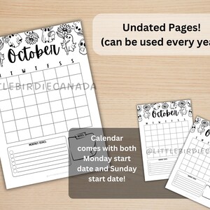 May include: Black and white October calendar pages with ghost and flower illustrations. The calendar includes undated pages and comes with both Monday and Sunday start dates. The text "October" is at the top.