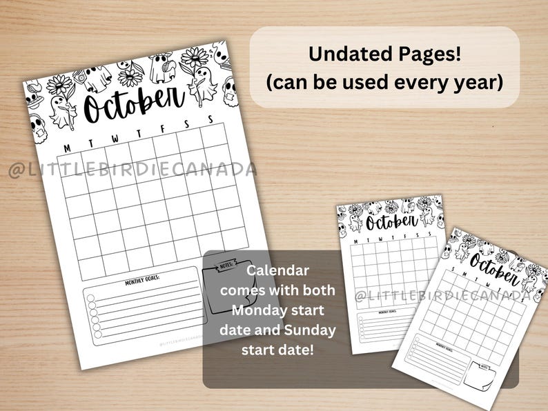 May include: Black and white October calendar pages with ghost and flower illustrations. The calendar includes undated pages and comes with both Monday and Sunday start dates. The text "October" is at the top.