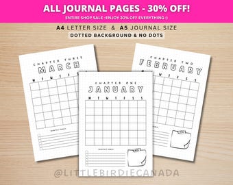 本をテーマにしたカレンダー - 12ヶ月カレンダーページ - ジャーナルカレンダーテンプレート - 月間プランナー - 印刷可能なカレンダー - 印刷可能なプランナーページ