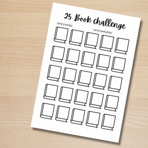 May include: A printable book challenge tracker with 25 book icons. The tracker has spaces for the date started and date completed.